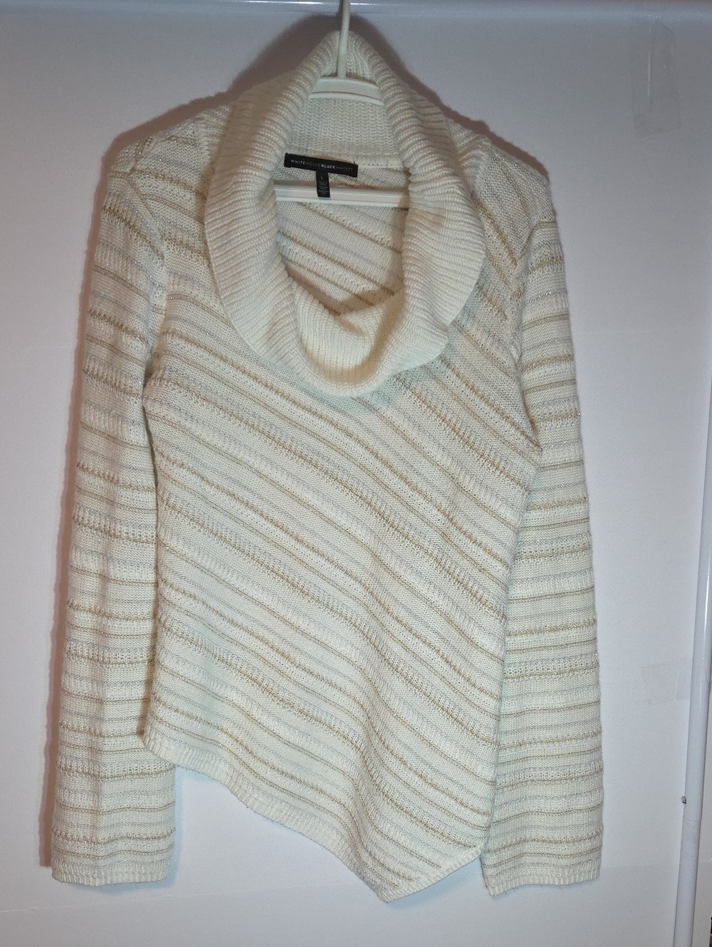White House Black Market Cream Cowl Neck Diagonal Rib Sweater Size L